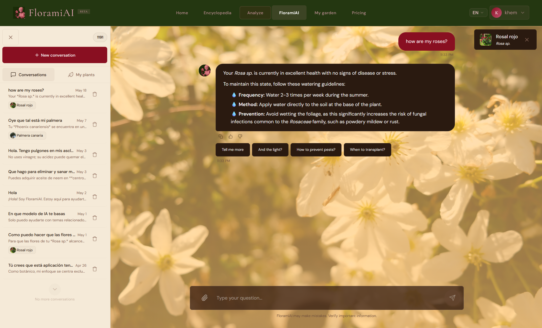 Chat FloramiAI — asistente botánico con contexto